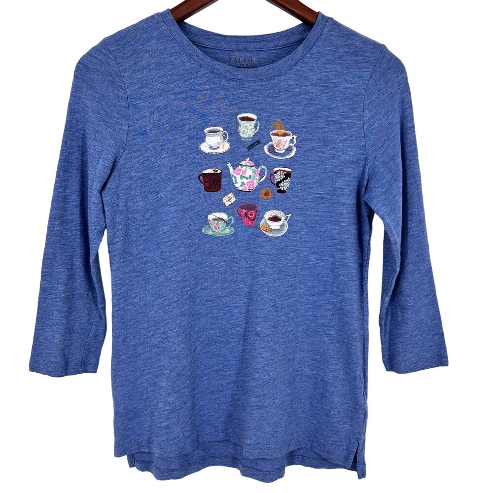 Talbots Sz Small Petite SP Unique Artsy Tea Time Blue Blouse Shirt Top Mature